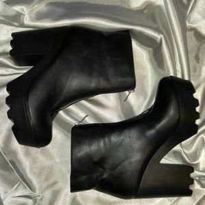 Chunky black ankle high heel boots